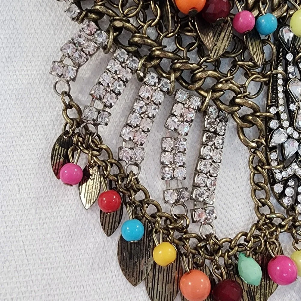 Bohemian Antique Brass‎ Statement Bib Necklace Rhinestone Multicolor Bead Leaf